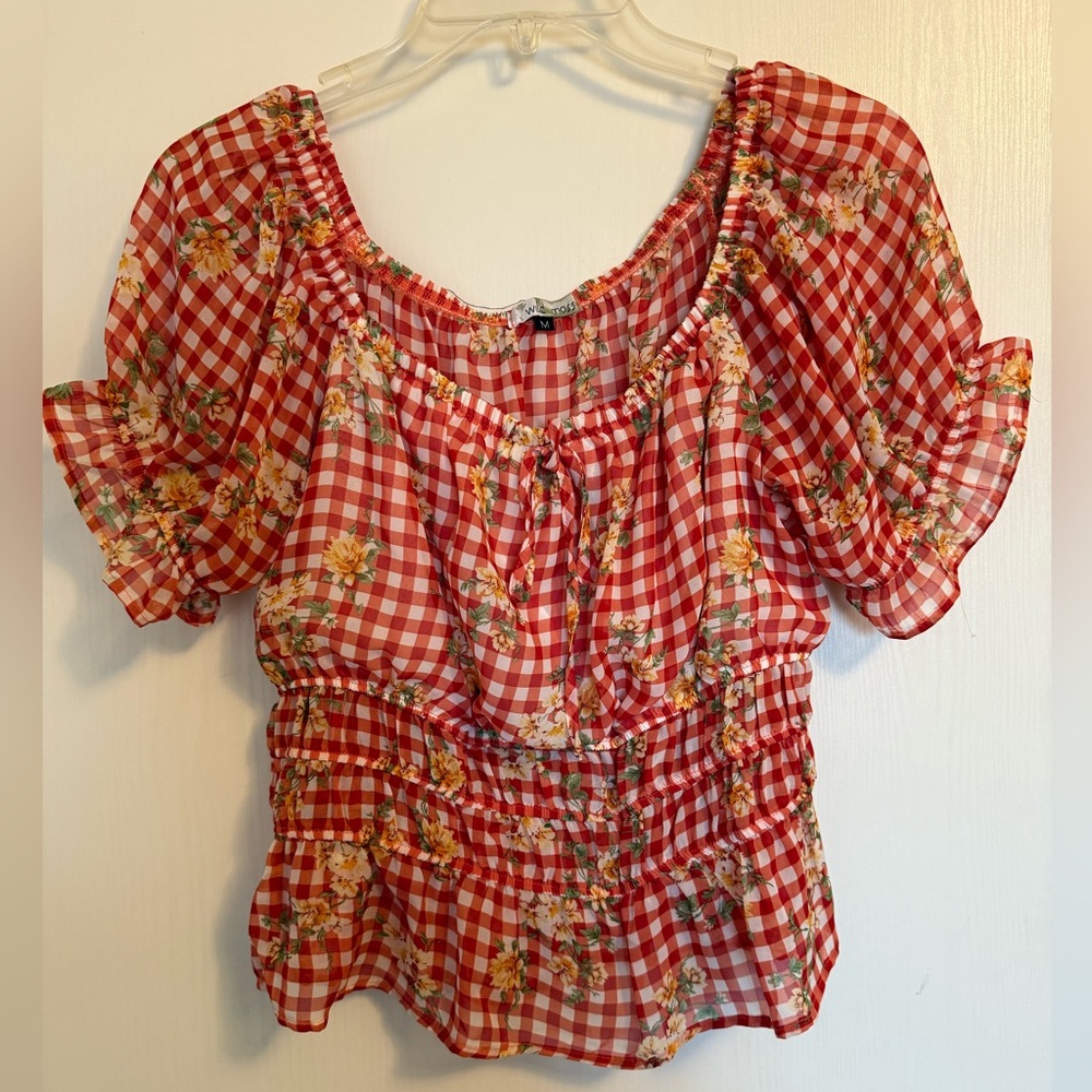 Red Gingham Floral Women's Top